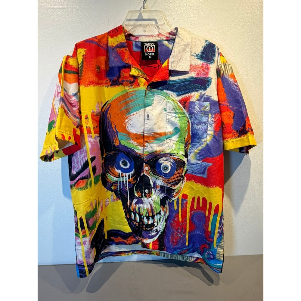 Tango Hotel Mens Graffiti Skull Button Up Shirt Multicolor Short Sleeve Size M